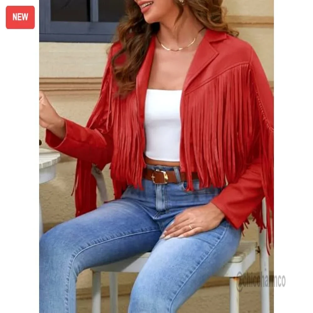 Faux Leather Cropped Jacket with Fringe Tassels, Casual Motorcycle Style